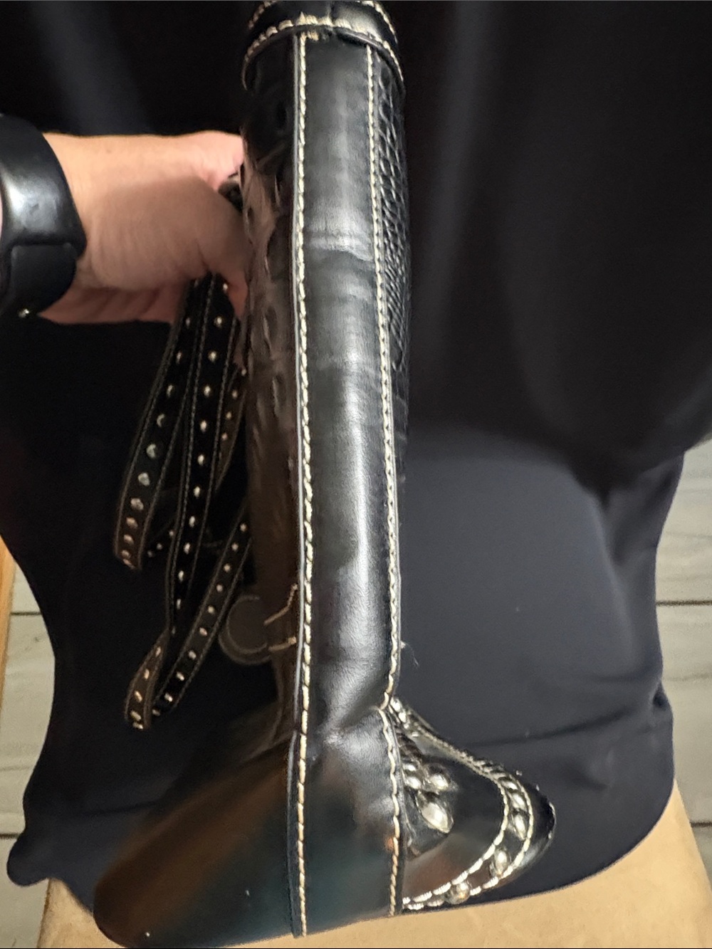 Blazin Roxx  Black Faux Ostrich Embossed Studded Shoulder Tote - Picture 10 of 12